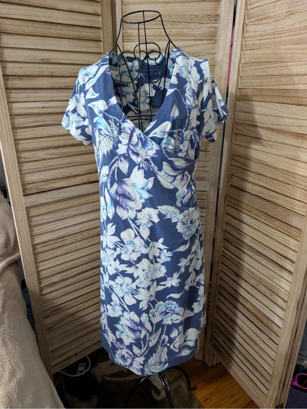 Soft Surroundings Blue Floral Faux Wrap Dress Women's Sz Large